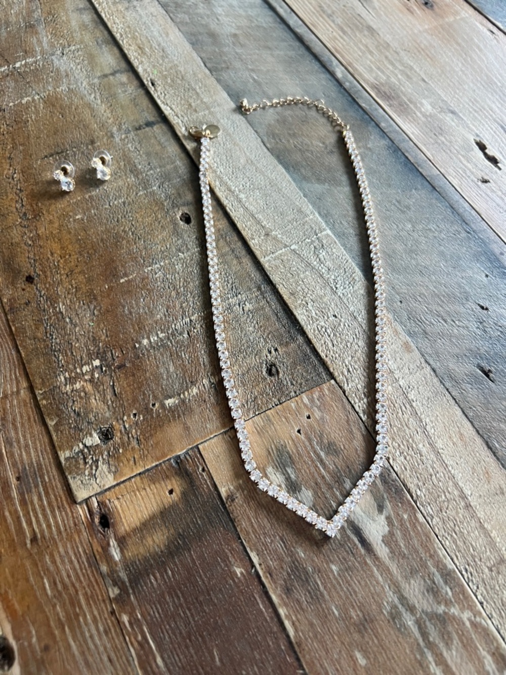 Gold Crystal V-Point Tennis Necklace with Matching Studs